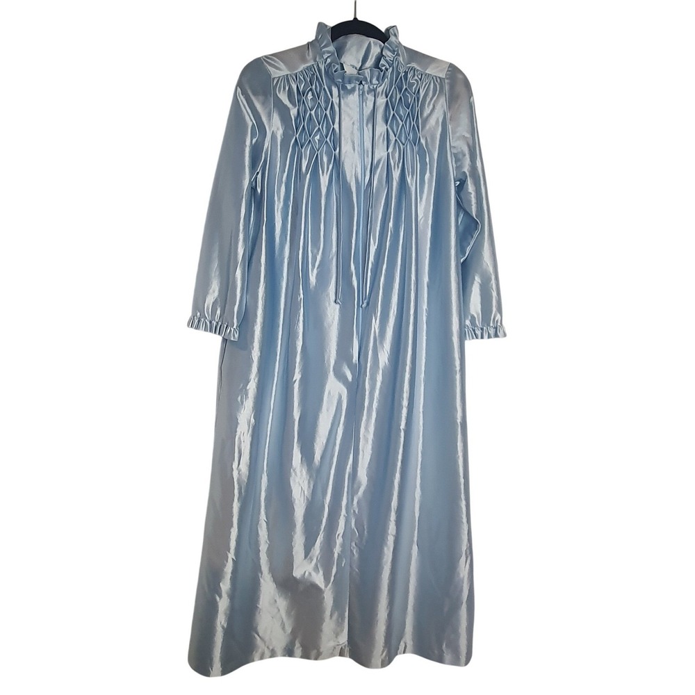 Vintage‎ At Home Wear Sears Nightgown Blue Satin 3/4 Zipper Cinch Sleeve Medium